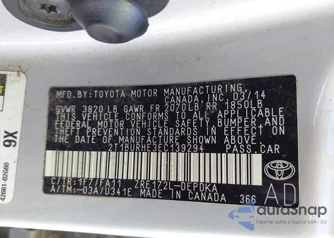 2014 Toyota Corolla L z USA, uszkodzony, nr VIN 2T1BURHE3EC139294